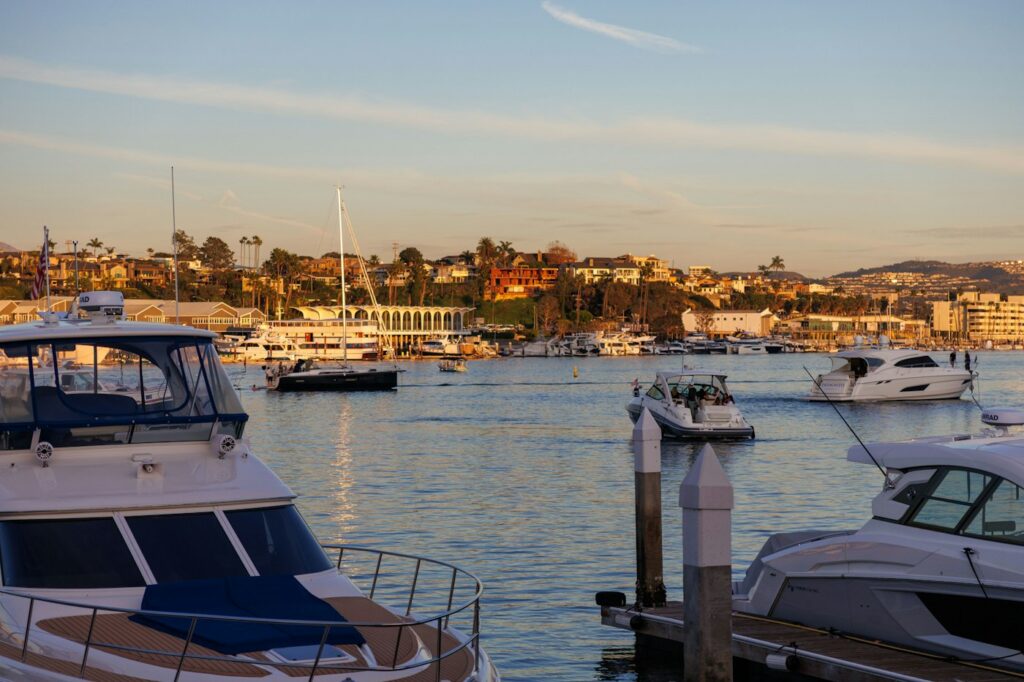 Boats docked in Newport Beach harbor